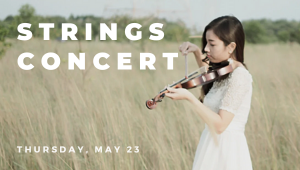 Young girl playing the violin in a field. Strings concert Thursday, May 23.